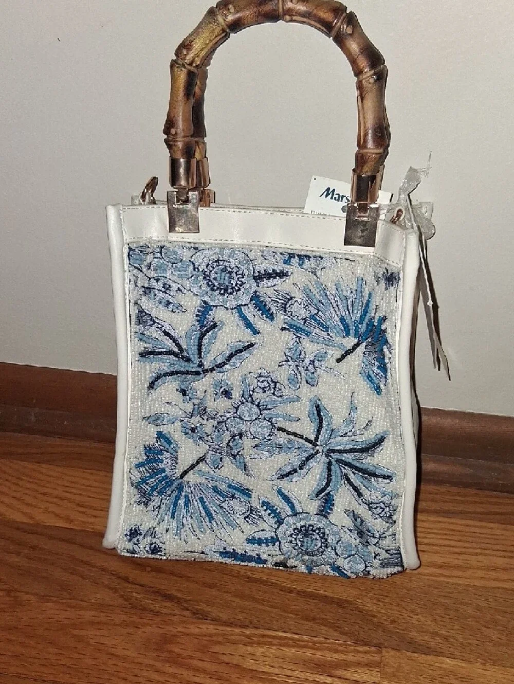 NWT Viral White & Blue Floral Embroidered Beaded Tote with Bamboo Top Handle